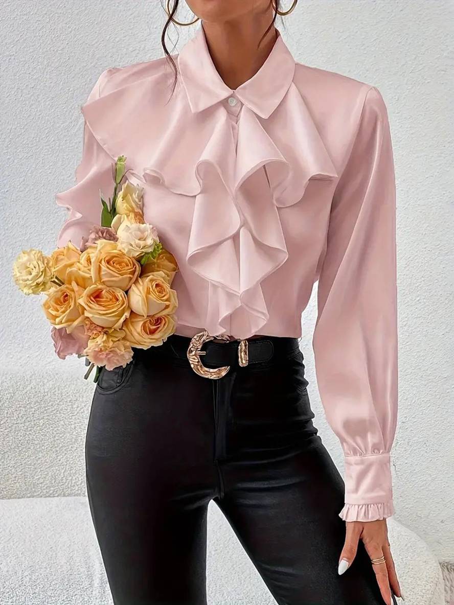 Women's Ruffle Jabot Collar Blouse – Button-Front Bishop Sleeves Elegant