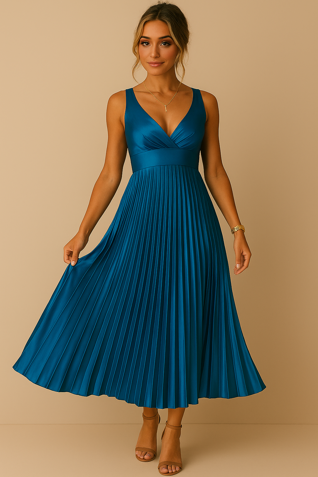 Women's Elegant Sleeveless Maxi Dress – Pleated V-Neck Open Back Evening Gown