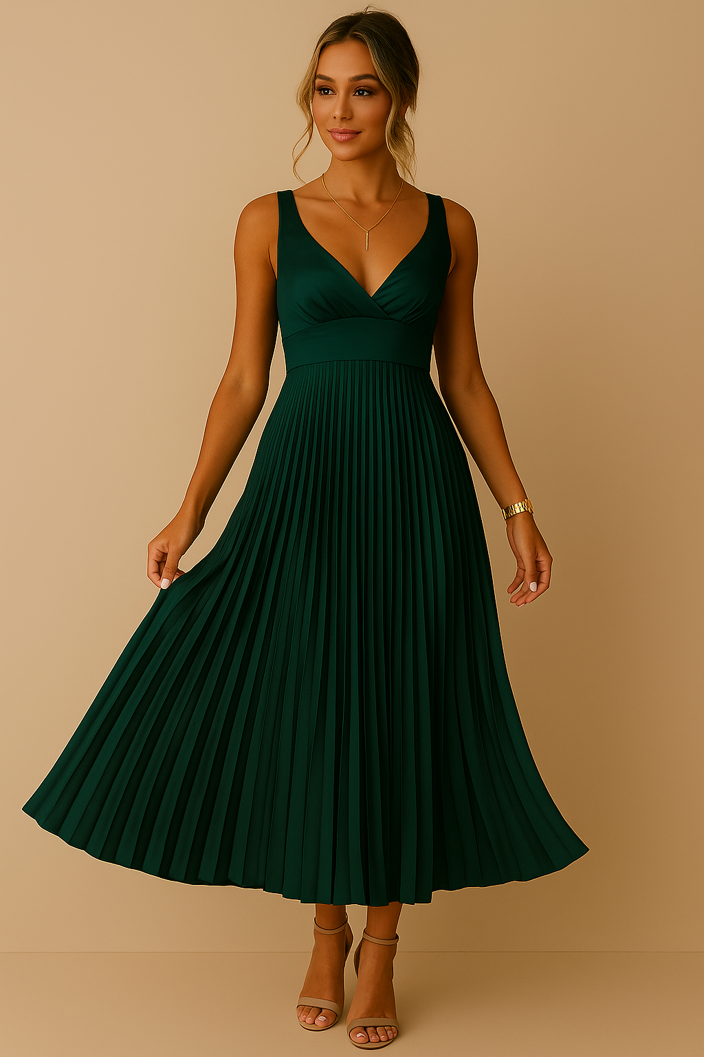 Women's Elegant Sleeveless Maxi Dress – Pleated V-Neck Open Back Evening Gown