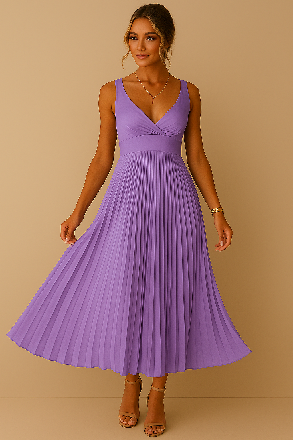Women's Elegant Sleeveless Maxi Dress – Pleated V-Neck Open Back Evening Gown