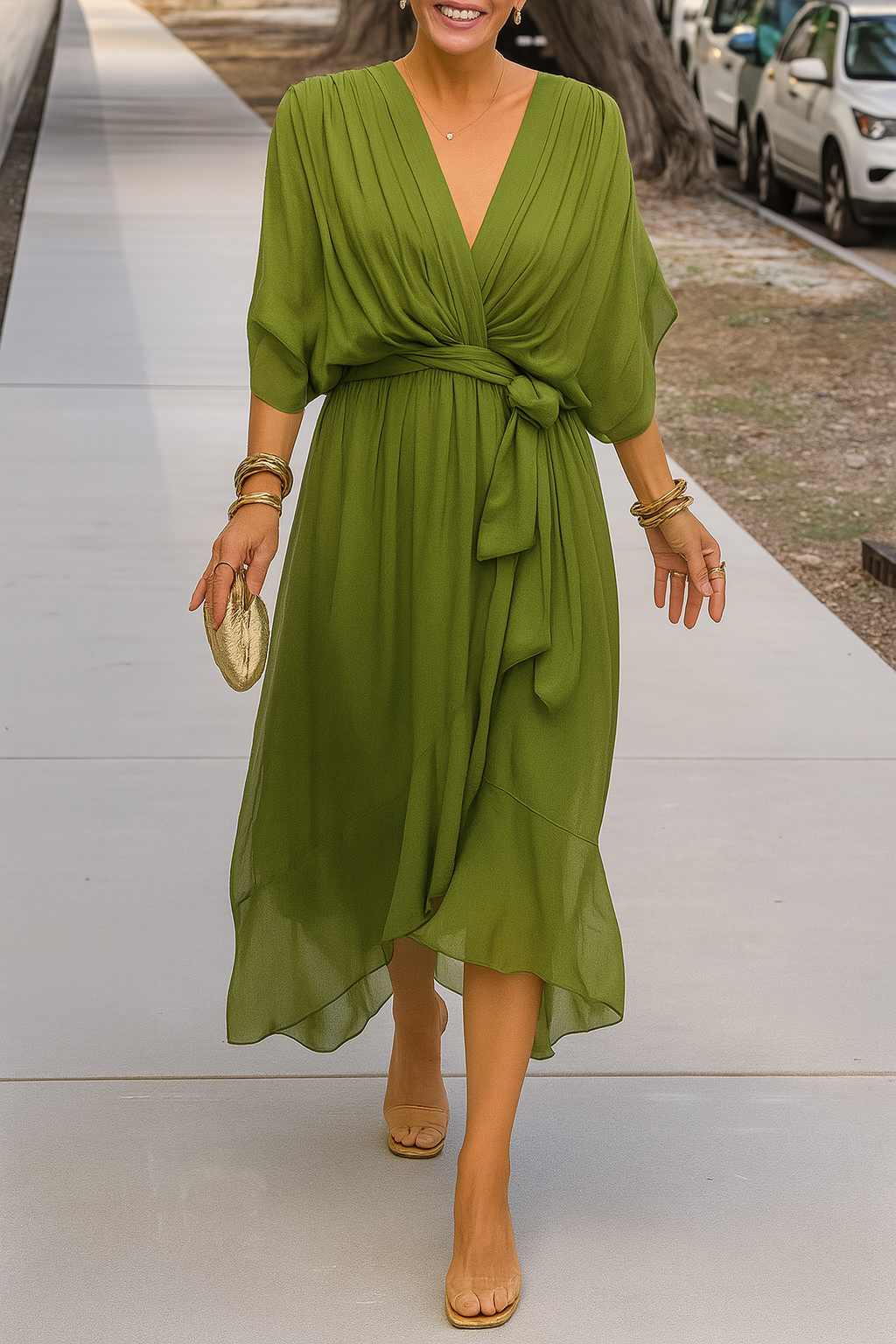 Women's Chiffon Wrap Midi Dress – V-Neck Asymmetric Hem Elegant