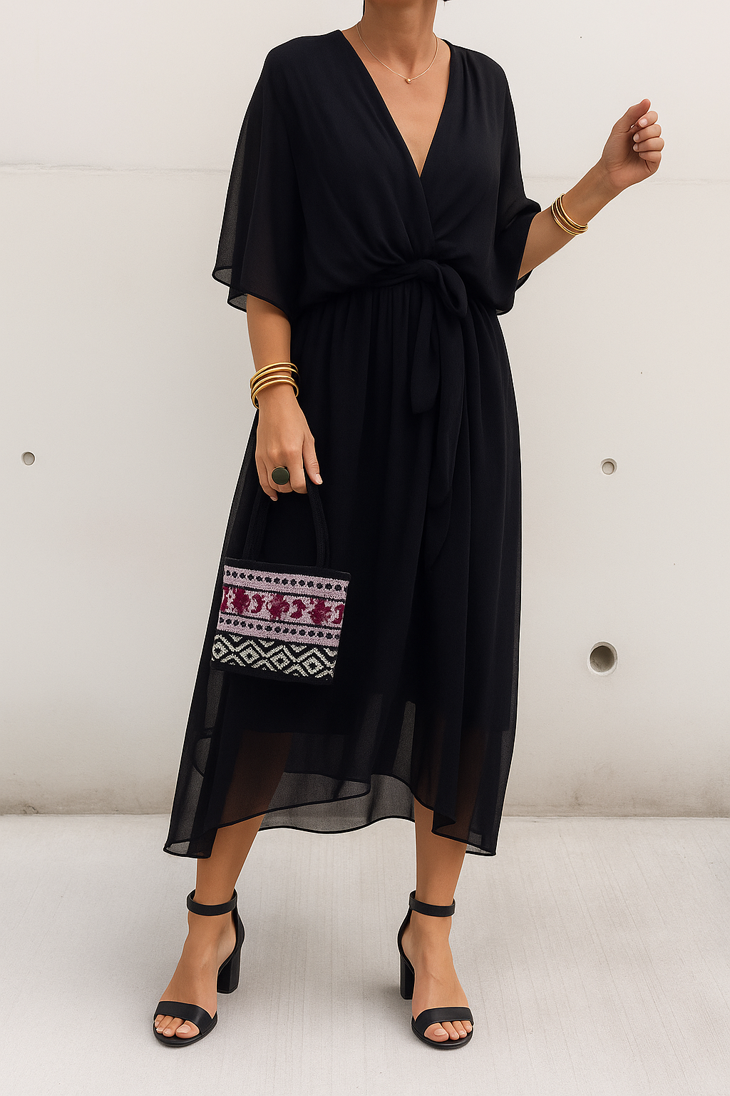 Women's Chiffon Wrap Midi Dress – V-Neck Asymmetric Hem Elegant