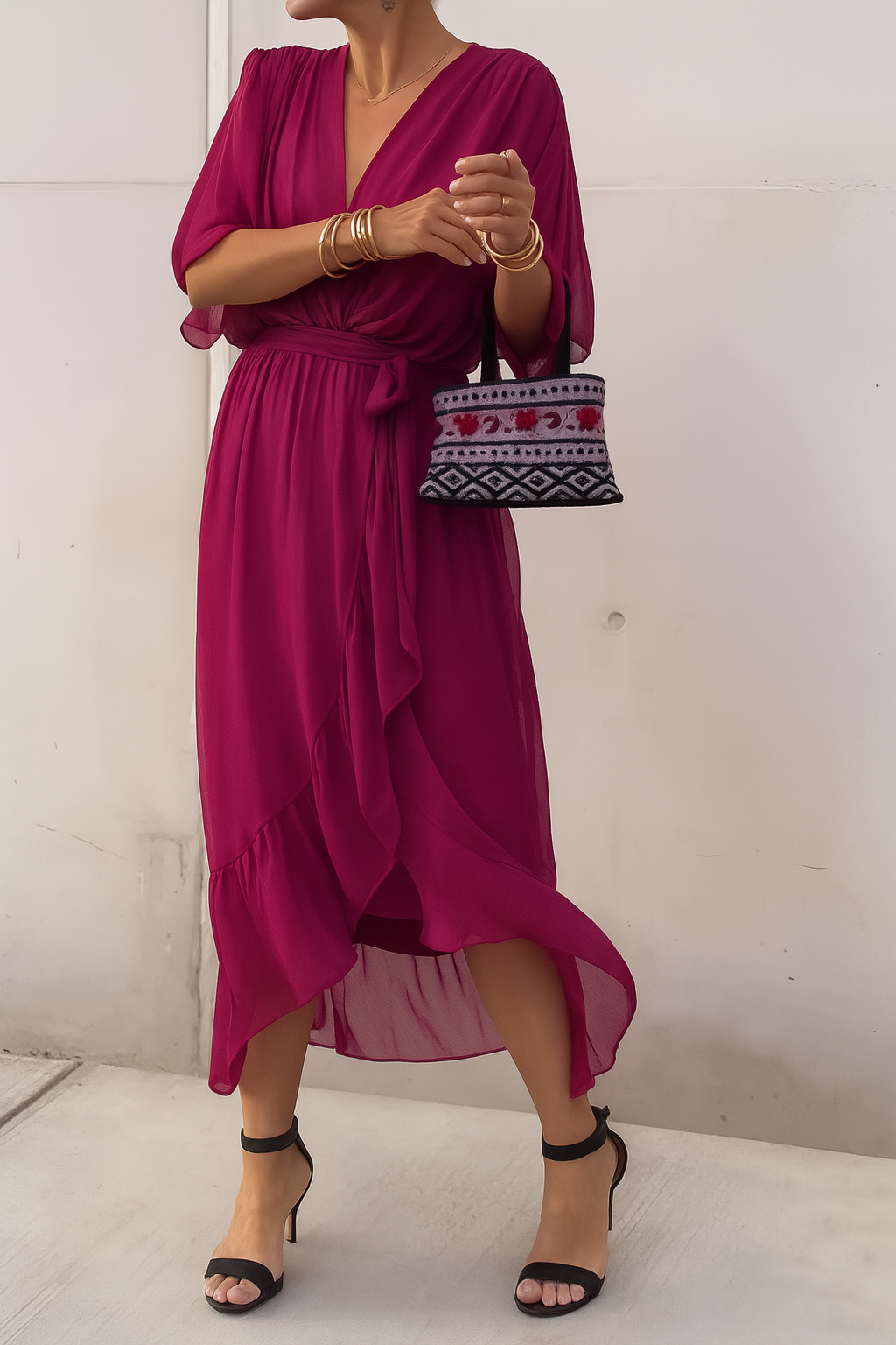Women's Chiffon Wrap Midi Dress – V-Neck Asymmetric Hem Elegant