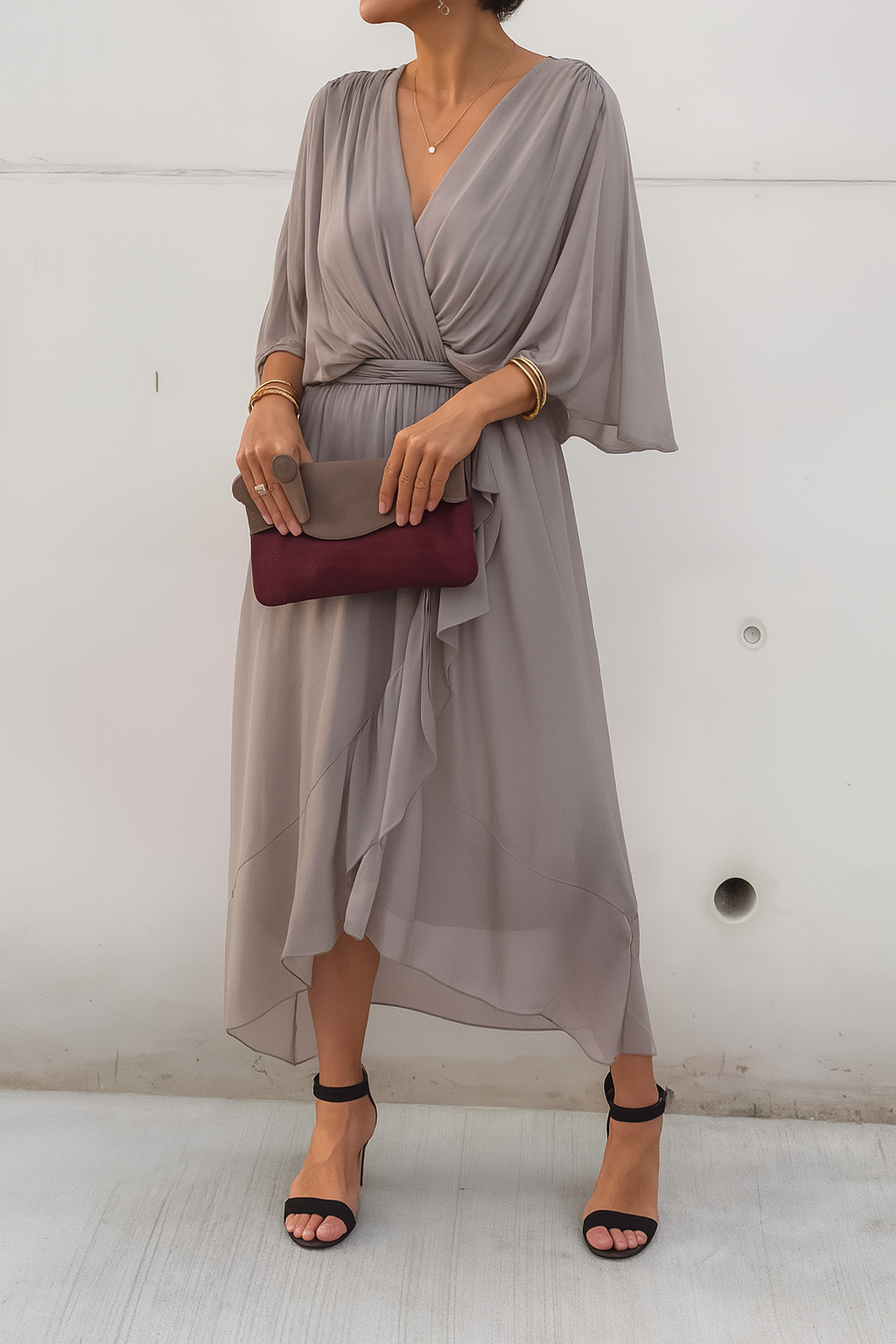 Women's Chiffon Wrap Midi Dress – V-Neck Asymmetric Hem Elegant