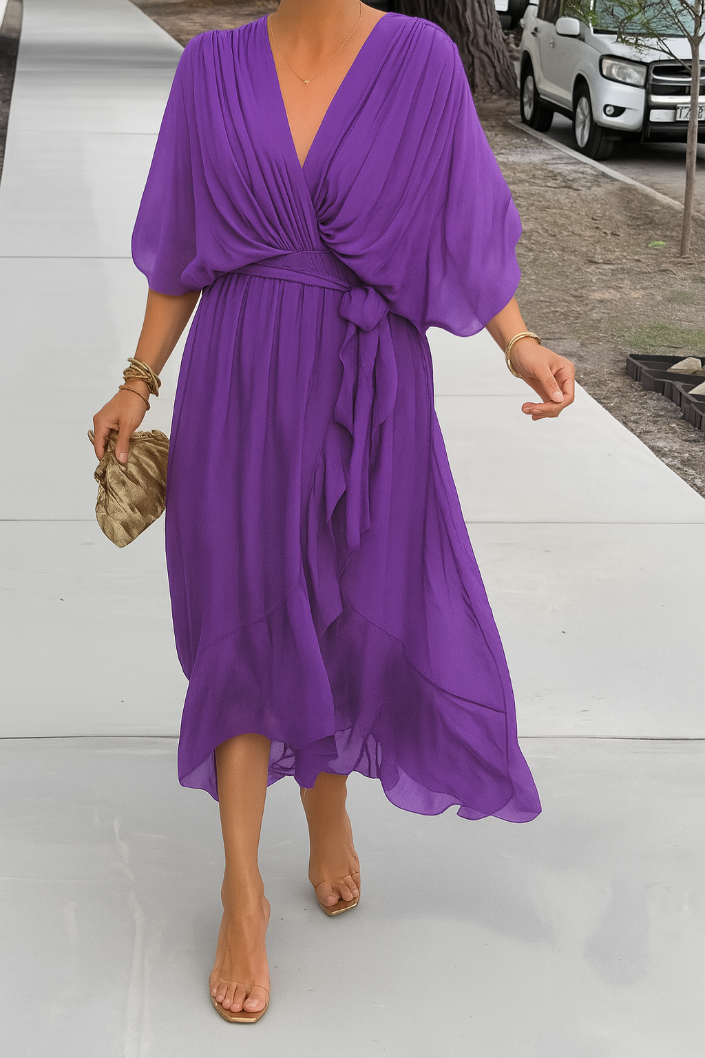 Women's Chiffon Wrap Midi Dress – V-Neck Asymmetric Hem Elegant