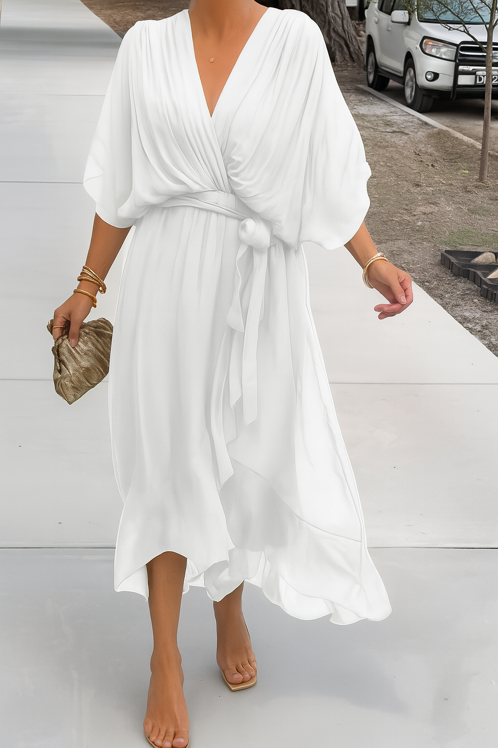 Women's Chiffon Wrap Midi Dress – V-Neck Asymmetric Hem Elegant