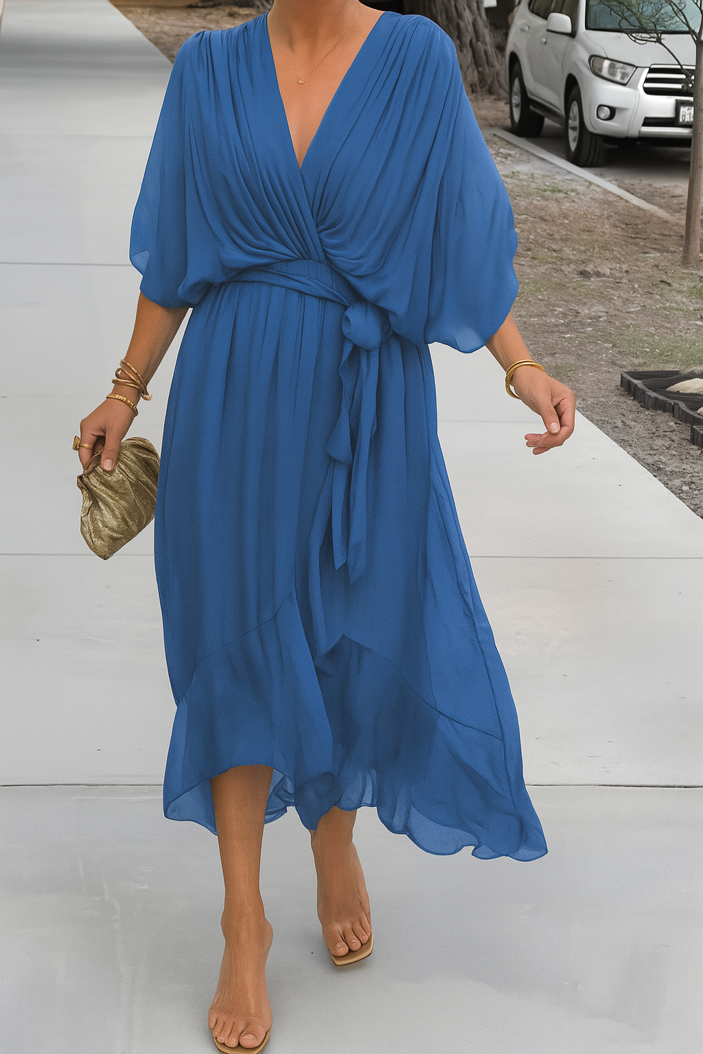 Women's Chiffon Wrap Midi Dress – V-Neck Asymmetric Hem Elegant