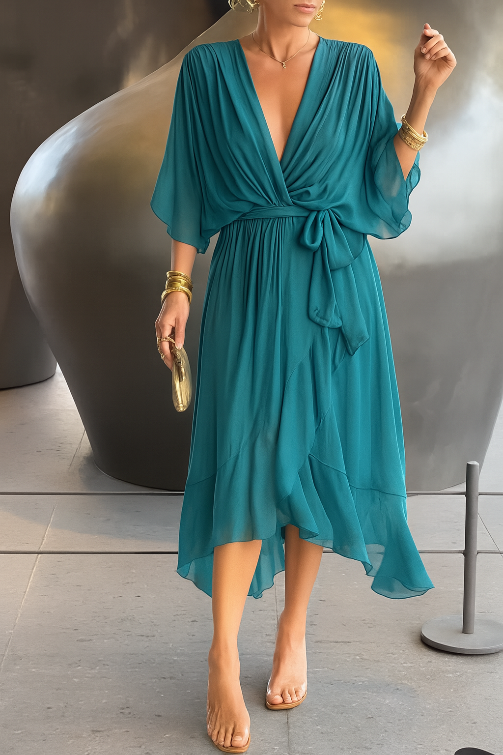 Women's Chiffon Wrap Midi Dress – V-Neck Asymmetric Hem Elegant