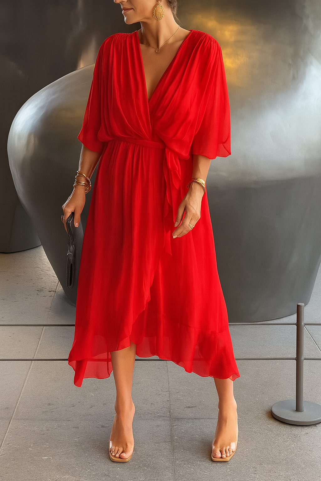 Women's Chiffon Wrap Midi Dress – V-Neck Asymmetric Hem Elegant