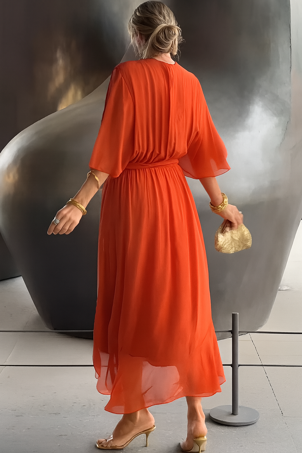 Women's Chiffon Wrap Midi Dress – V-Neck Asymmetric Hem Elegant