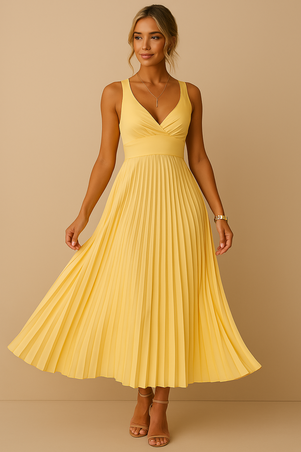 Women's Elegant Sleeveless Maxi Dress – Pleated V-Neck Open Back Evening Gown