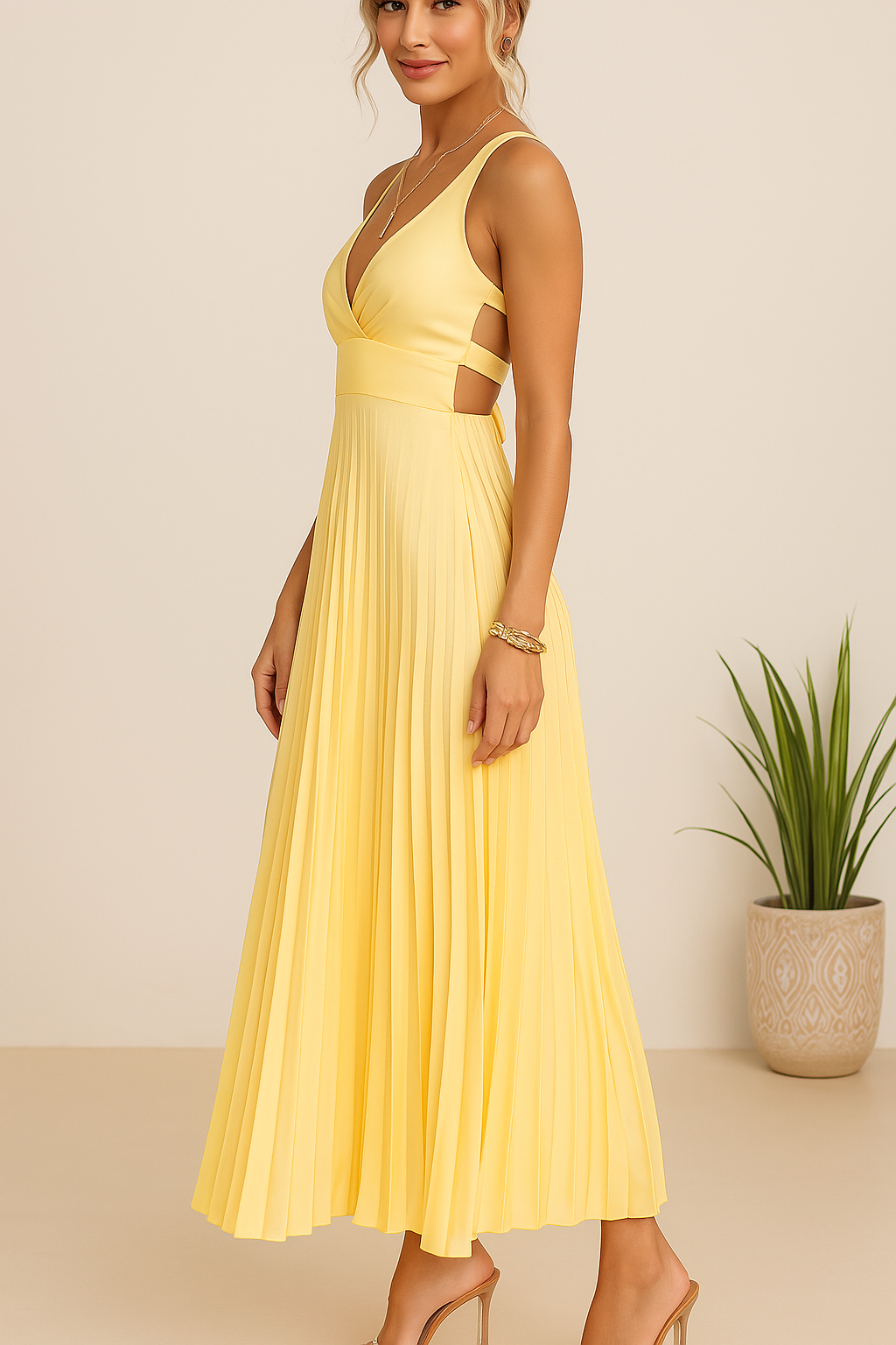 Women's Elegant Sleeveless Maxi Dress – Pleated V-Neck Open Back Evening Gown