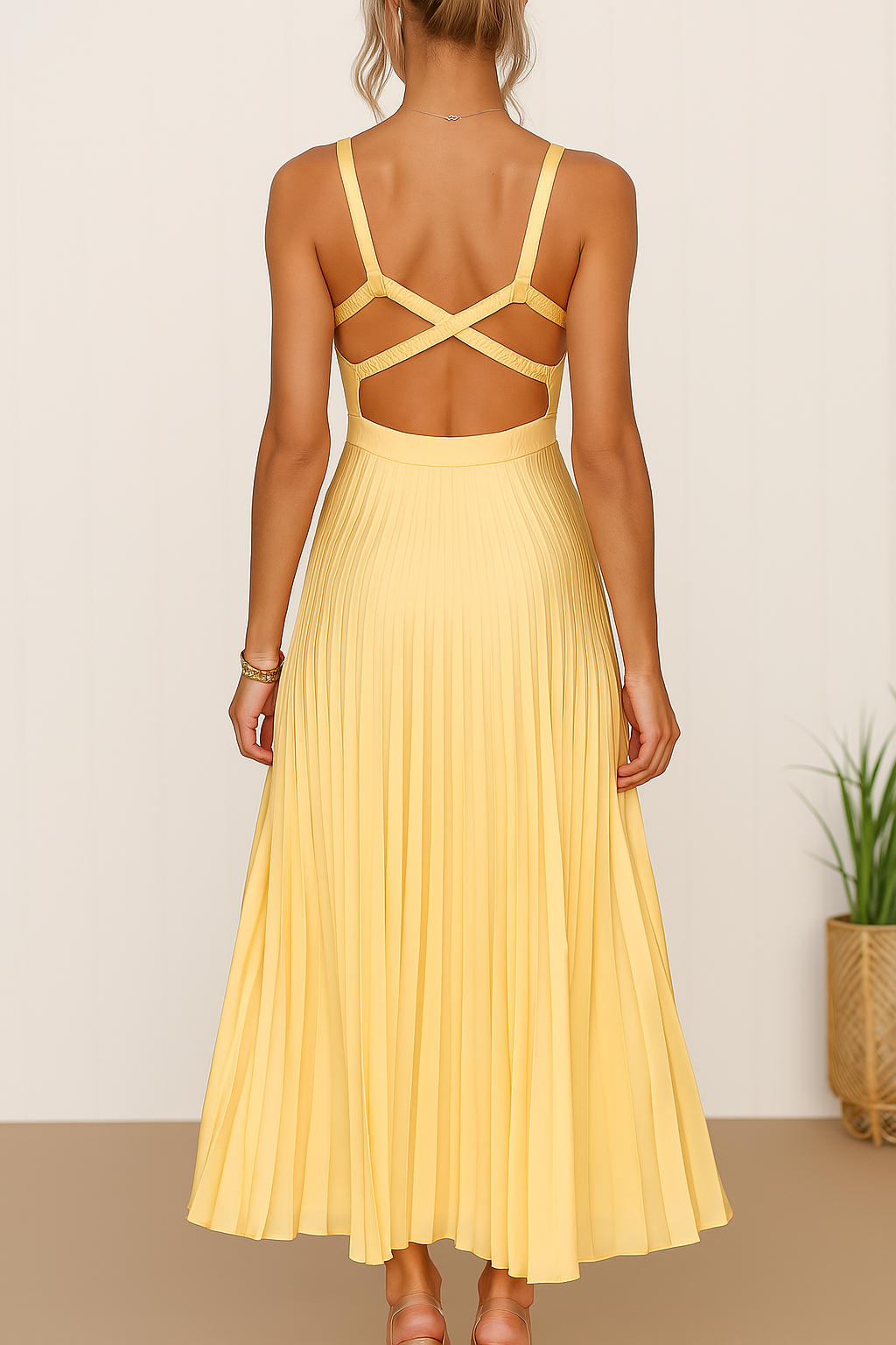 Women's Elegant Sleeveless Maxi Dress – Pleated V-Neck Open Back Evening Gown