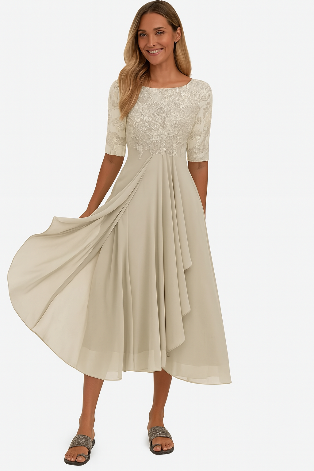 Women's Chiffon Lace A-Line Midi Dress – Short Sleeve Elegant