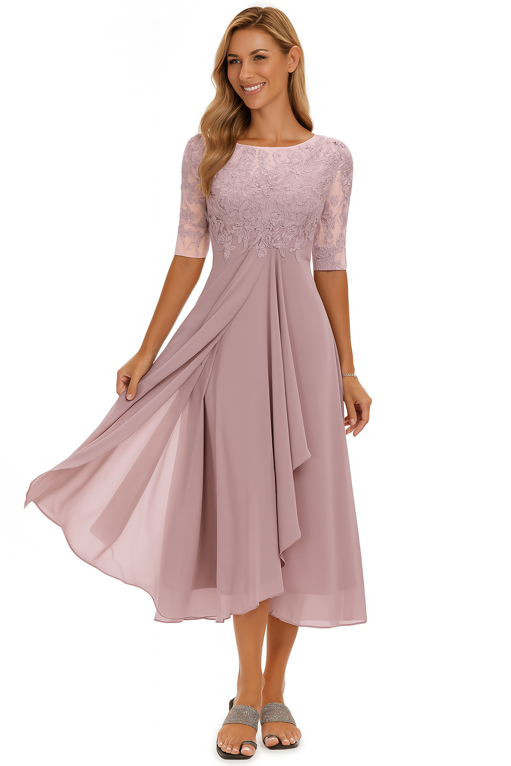 Women's Chiffon Lace A-Line Midi Dress – Short Sleeve Elegant