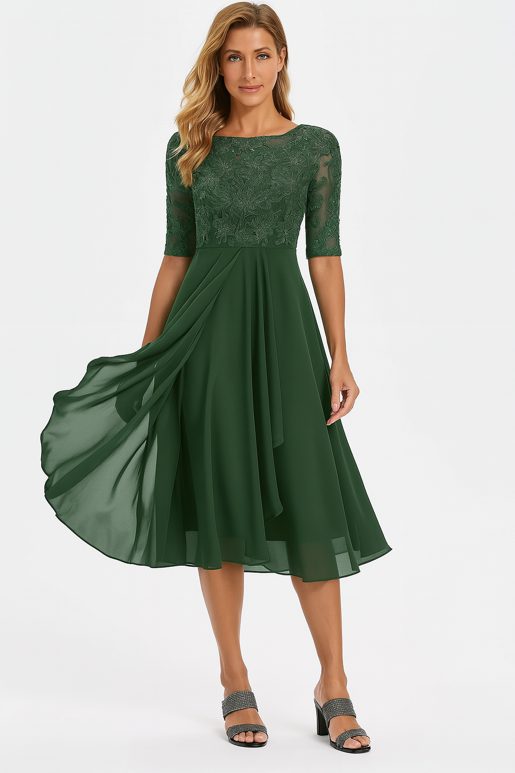 Women's Chiffon Lace A-Line Midi Dress – Short Sleeve Elegant