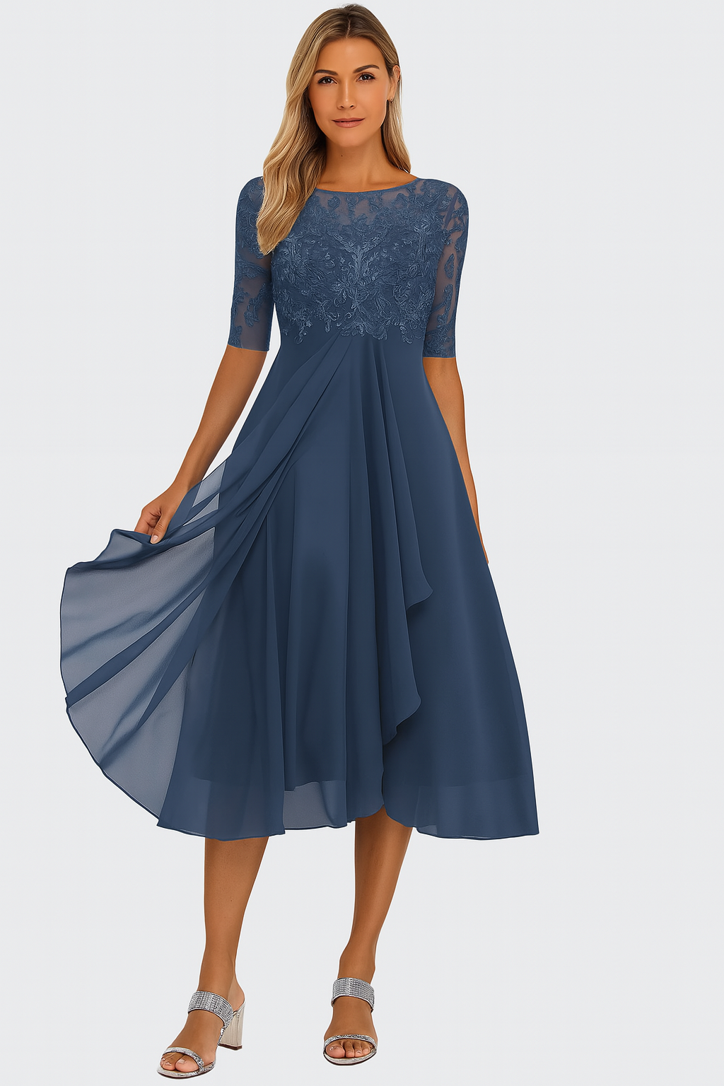 Women's Chiffon Lace A-Line Midi Dress – Short Sleeve Elegant