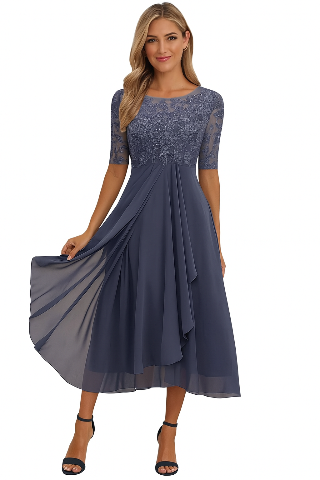 Women's Chiffon Lace A-Line Midi Dress – Short Sleeve Elegant