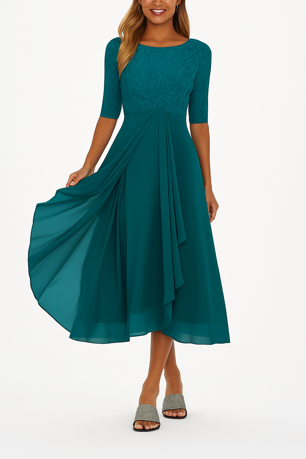Women's Chiffon Lace A-Line Midi Dress – Short Sleeve Elegant