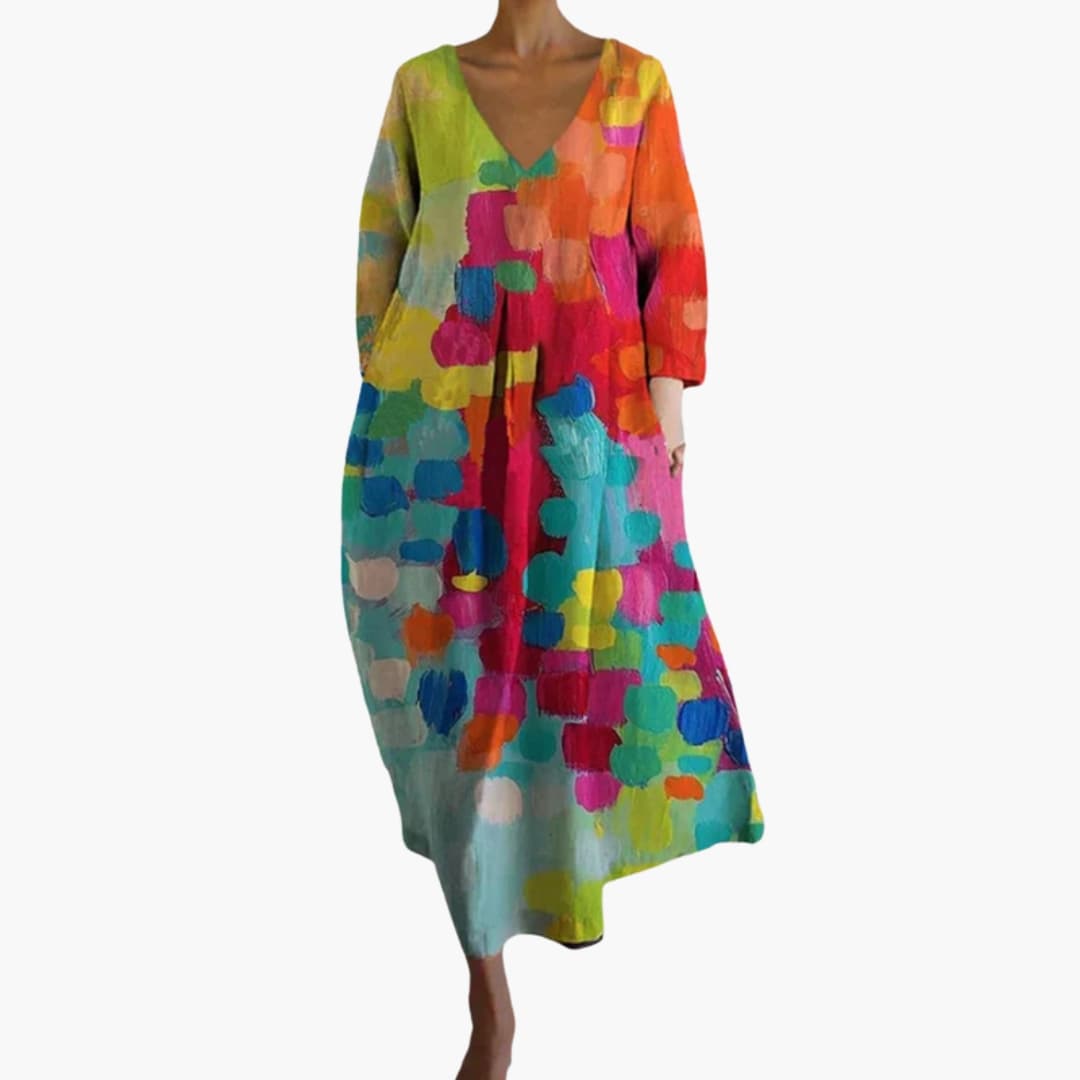 Women's V-Neck Summer Dress – Colorful Print Lightweight Casual Wear