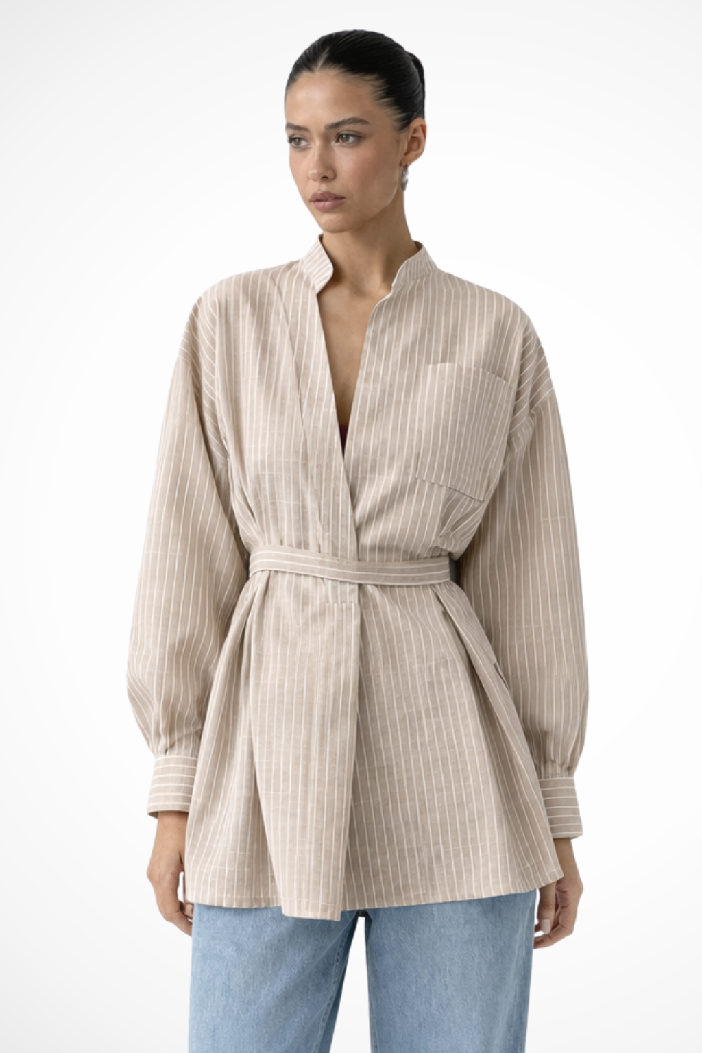 Women's Belted Striped Shirt – Stand Collar Long Sleeve Style
