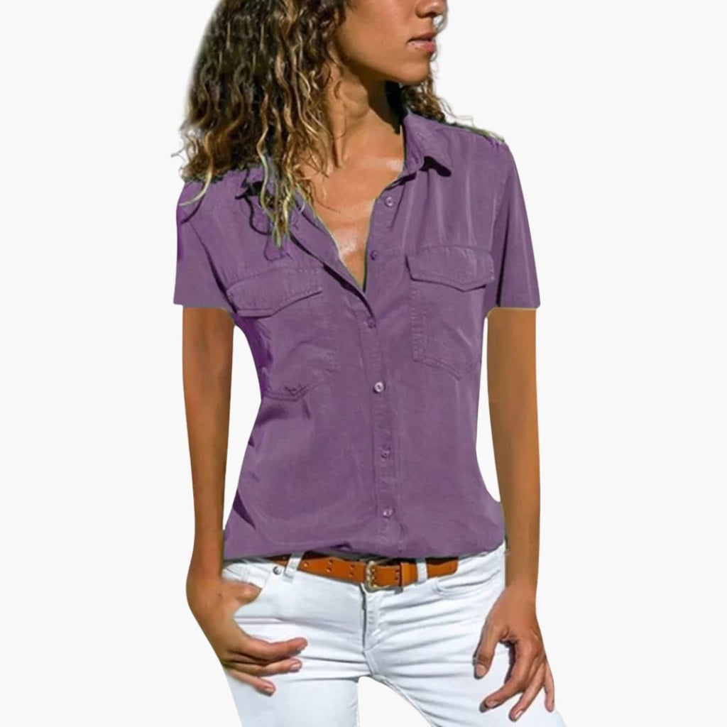 Women's V-Neck Button Placket Blouse – Easy Feminine Everyday Style