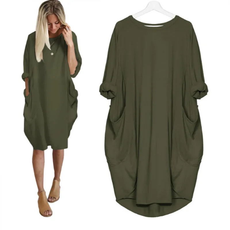Women's Oversized Cotton Midi Dress – Long Sleeve Casual Relaxed Fit