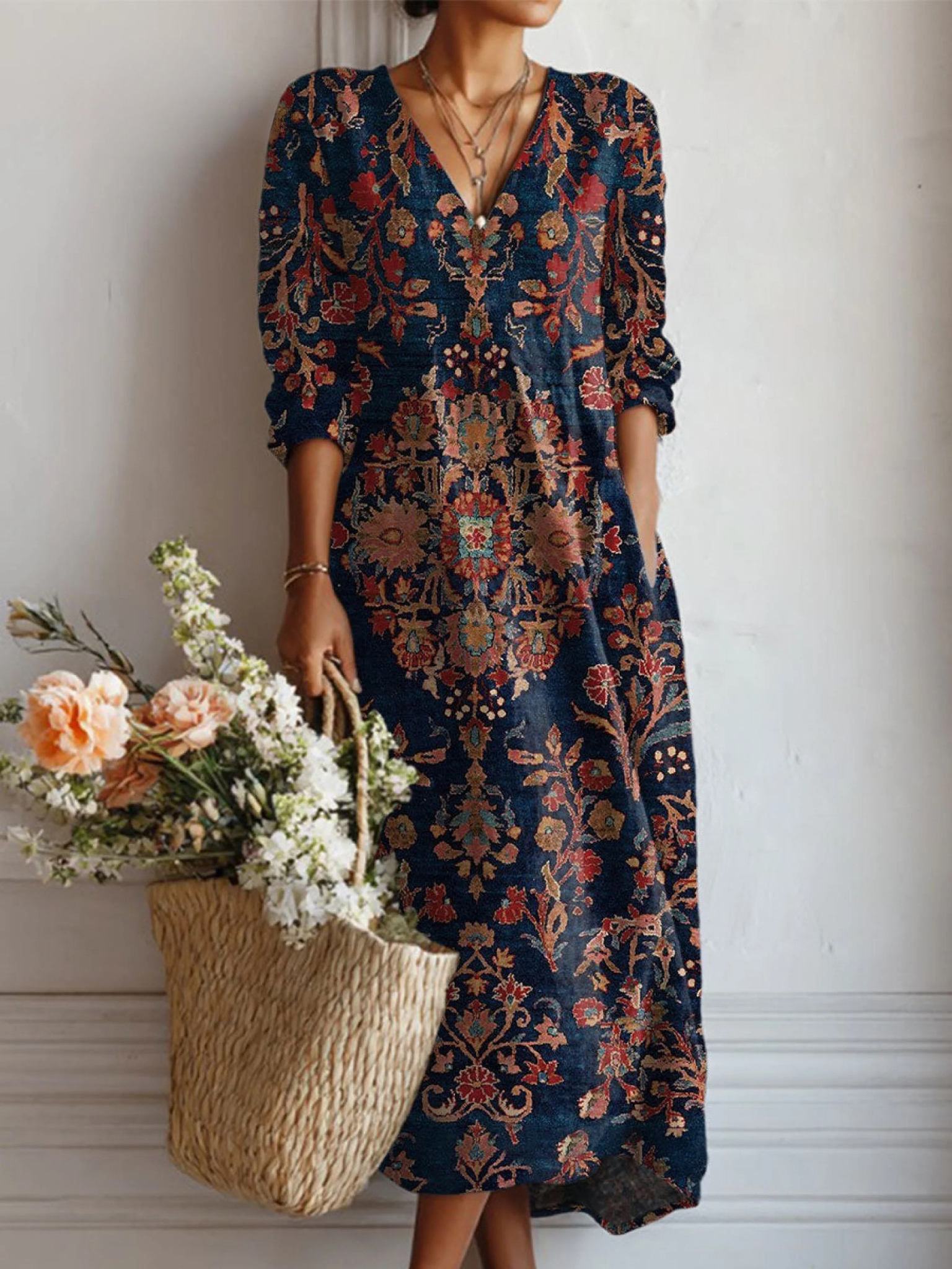 Women's Vintage Floral Midi Dress – V-Neck Casual Comfortable Retro Style