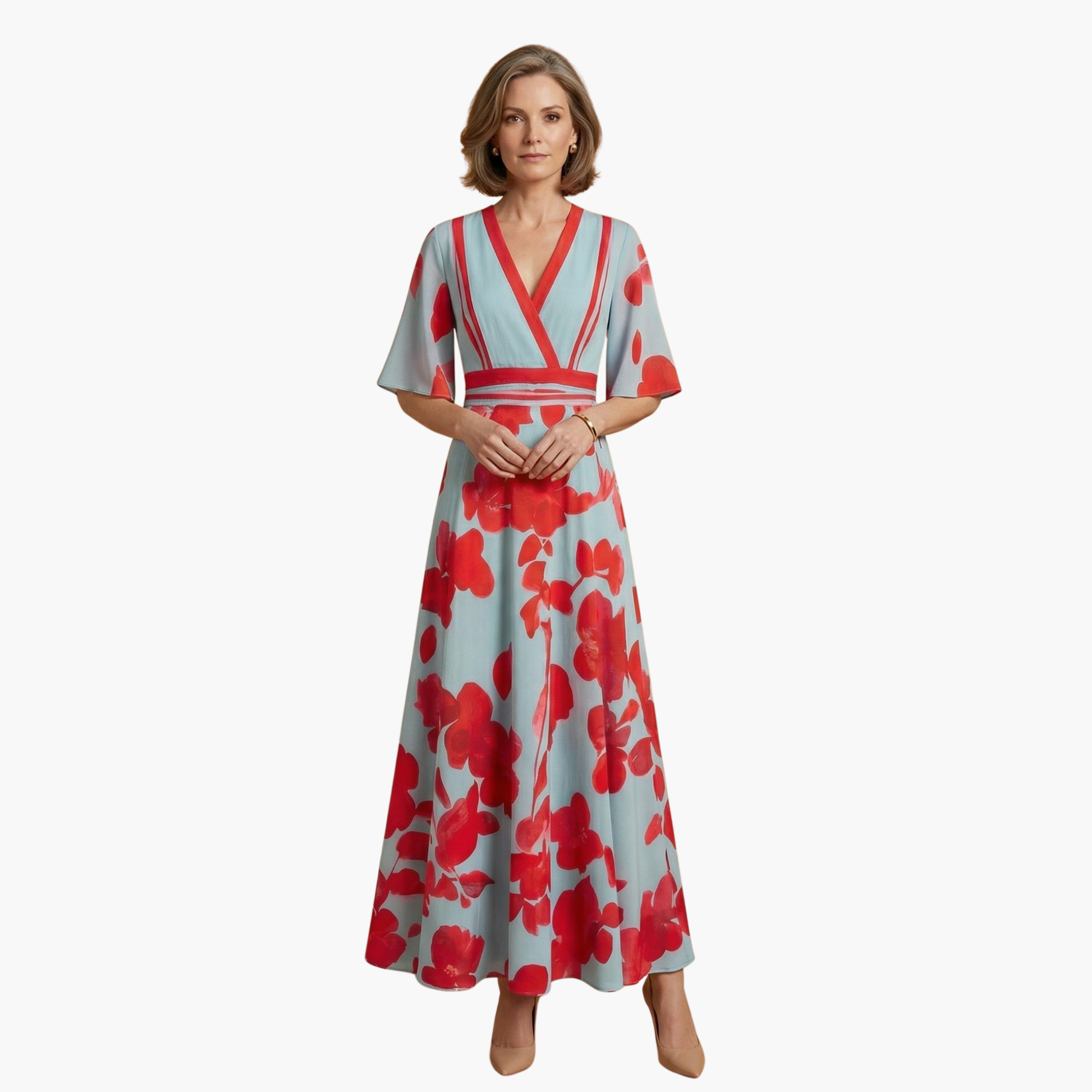Floral Dress with V-Neck for Women – Elegant & Long