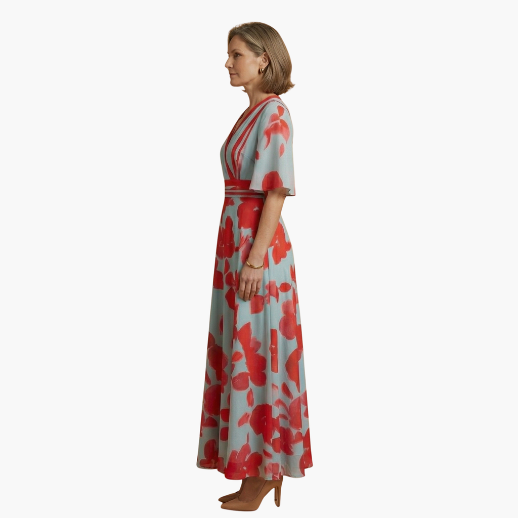 Floral Dress with V-Neck for Women – Elegant & Long