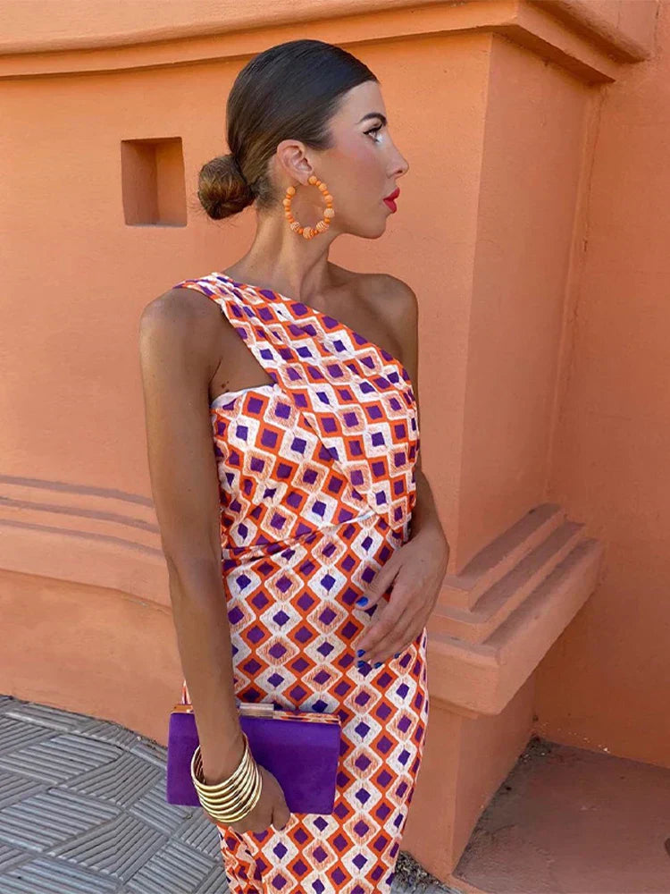 Women's One-Shoulder Printed Dress – Stylish Occasion Style