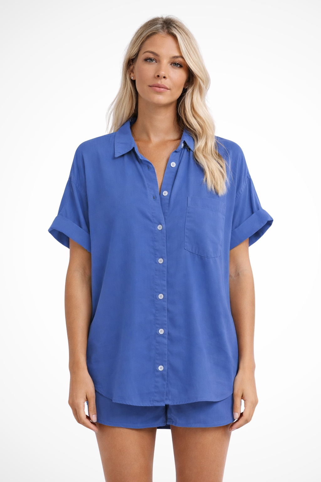 Women's Oversized Button-Down Shirt – Short Sleeve Chest Pocket Style
