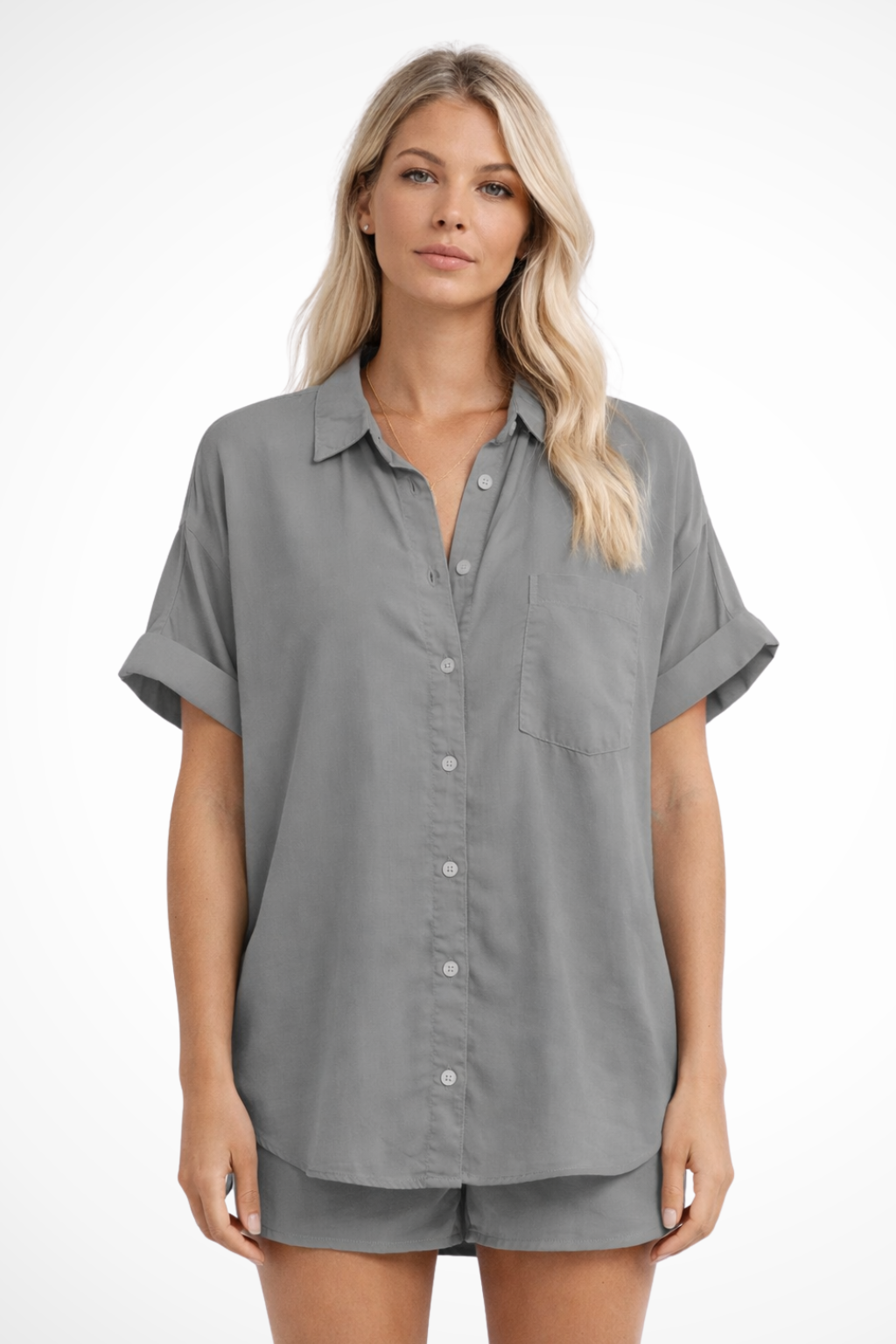 Women's Oversized Button-Down Shirt – Short Sleeve Chest Pocket Style