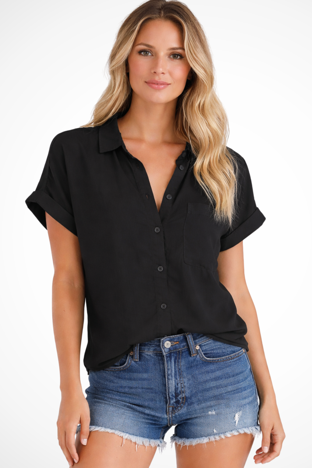 Women's Oversized Button-Down Shirt – Short Sleeve Chest Pocket Style