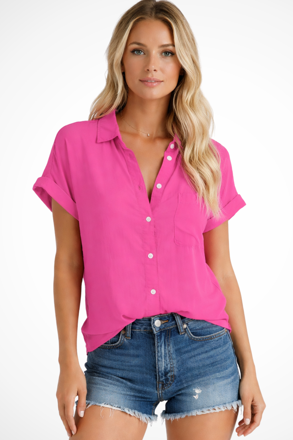 Women's Oversized Button-Down Shirt – Short Sleeve Chest Pocket Style