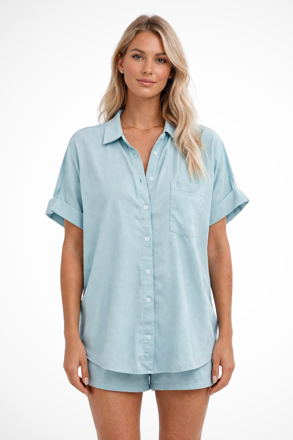 Women's Oversized Button-Down Shirt – Short Sleeve Chest Pocket Style