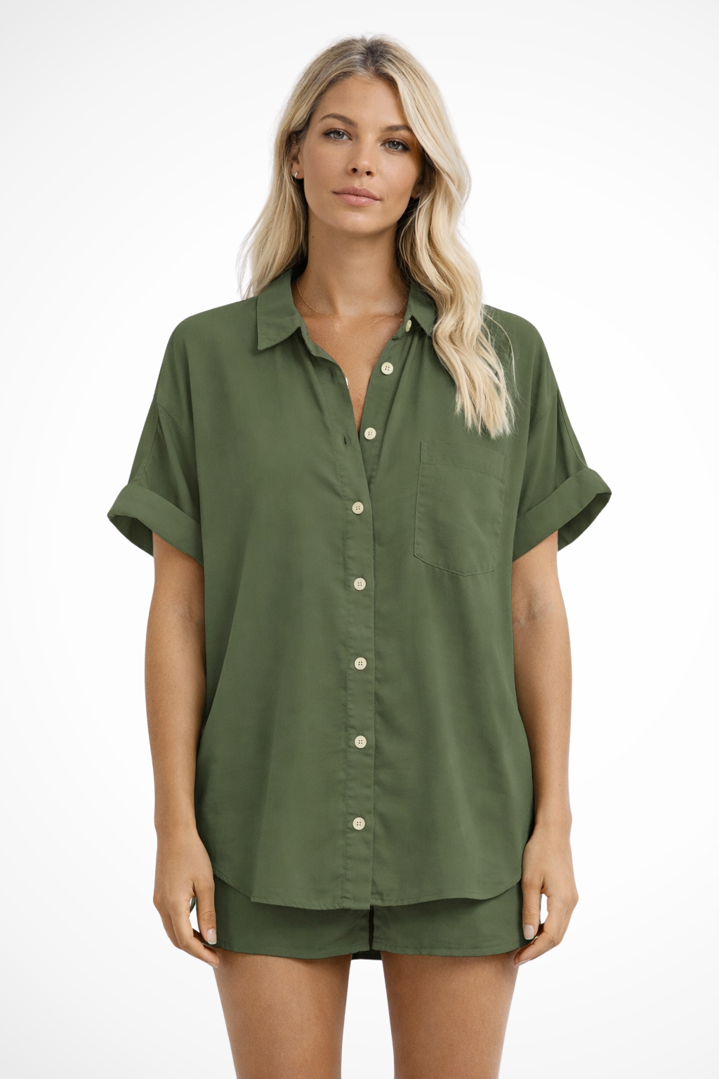 Women's Oversized Button-Down Shirt – Short Sleeve Chest Pocket Style