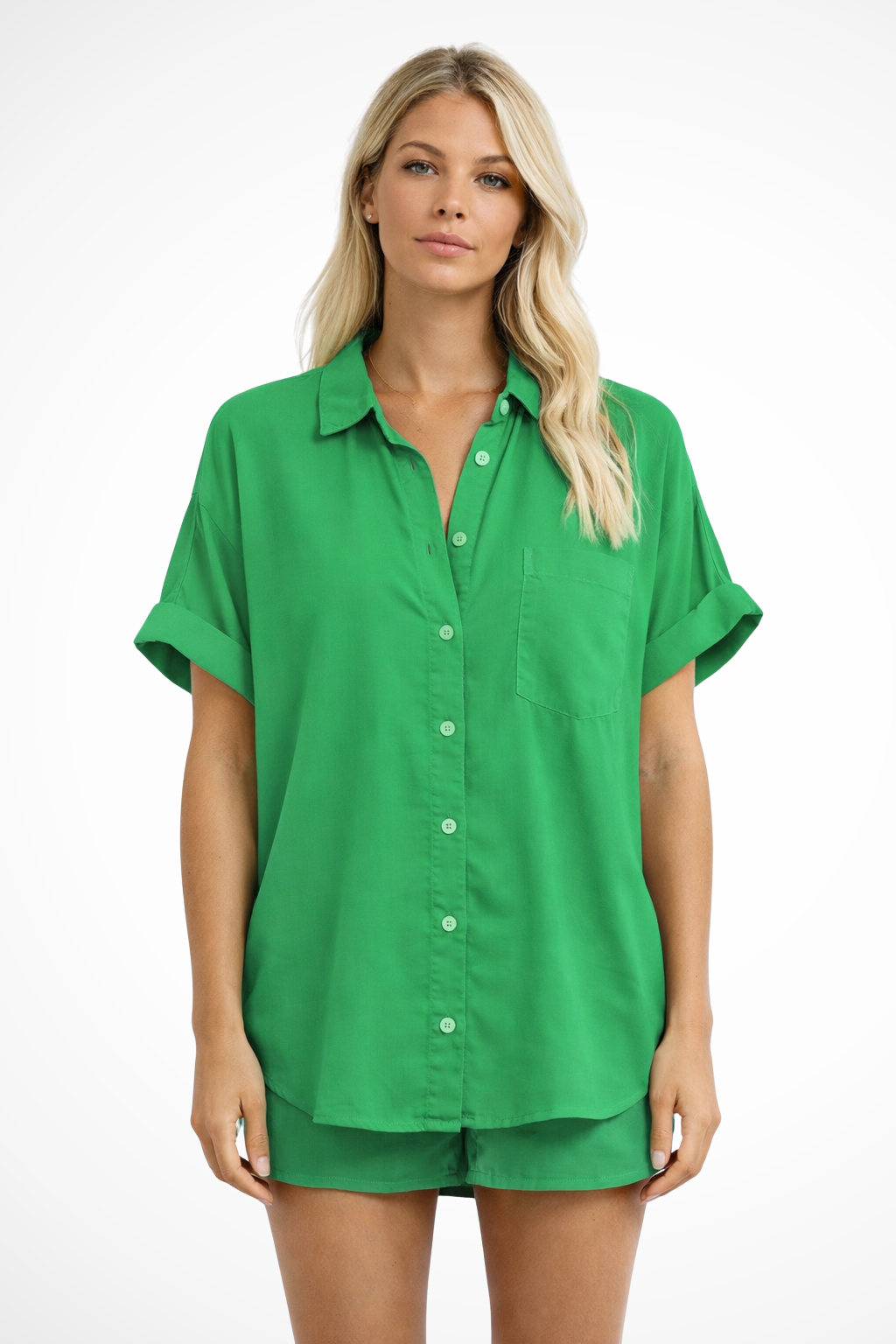 Women's Oversized Button-Down Shirt – Short Sleeve Chest Pocket Style