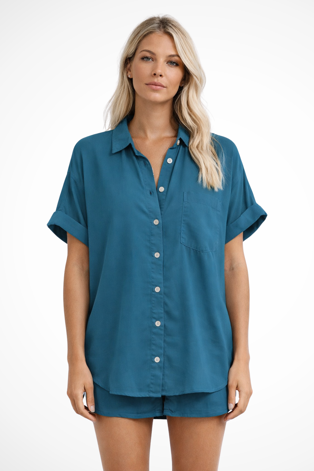 Women's Oversized Button-Down Shirt – Short Sleeve Chest Pocket Style
