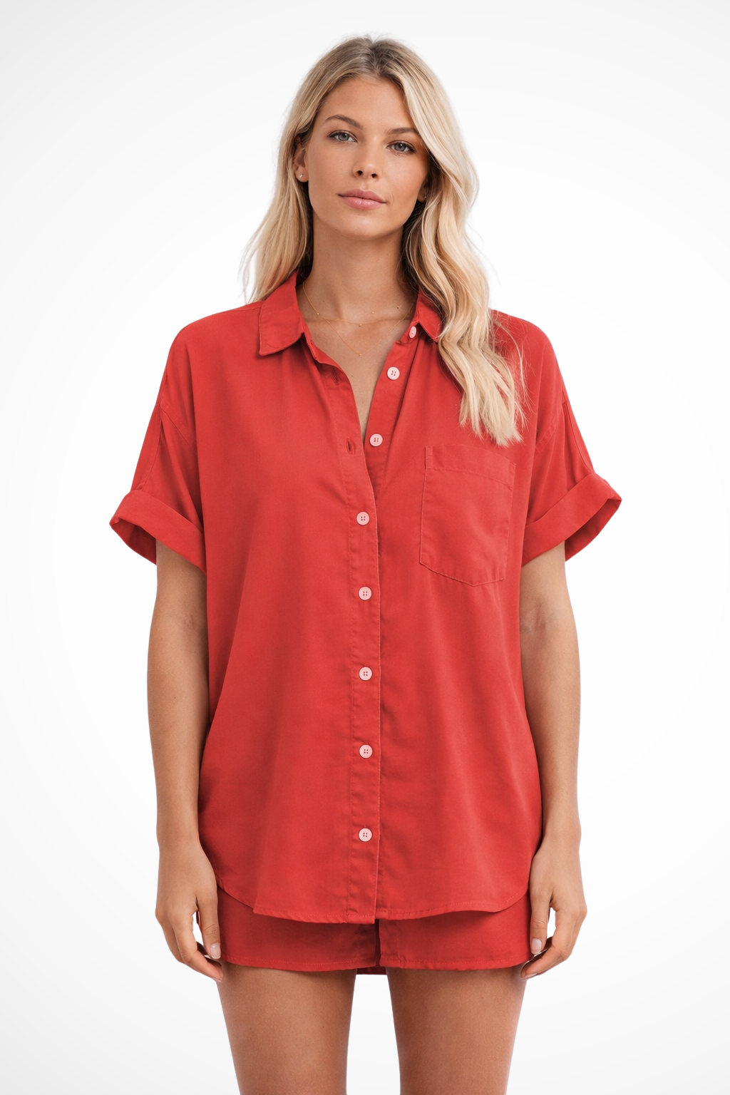 Women's Oversized Button-Down Shirt – Short Sleeve Chest Pocket Style