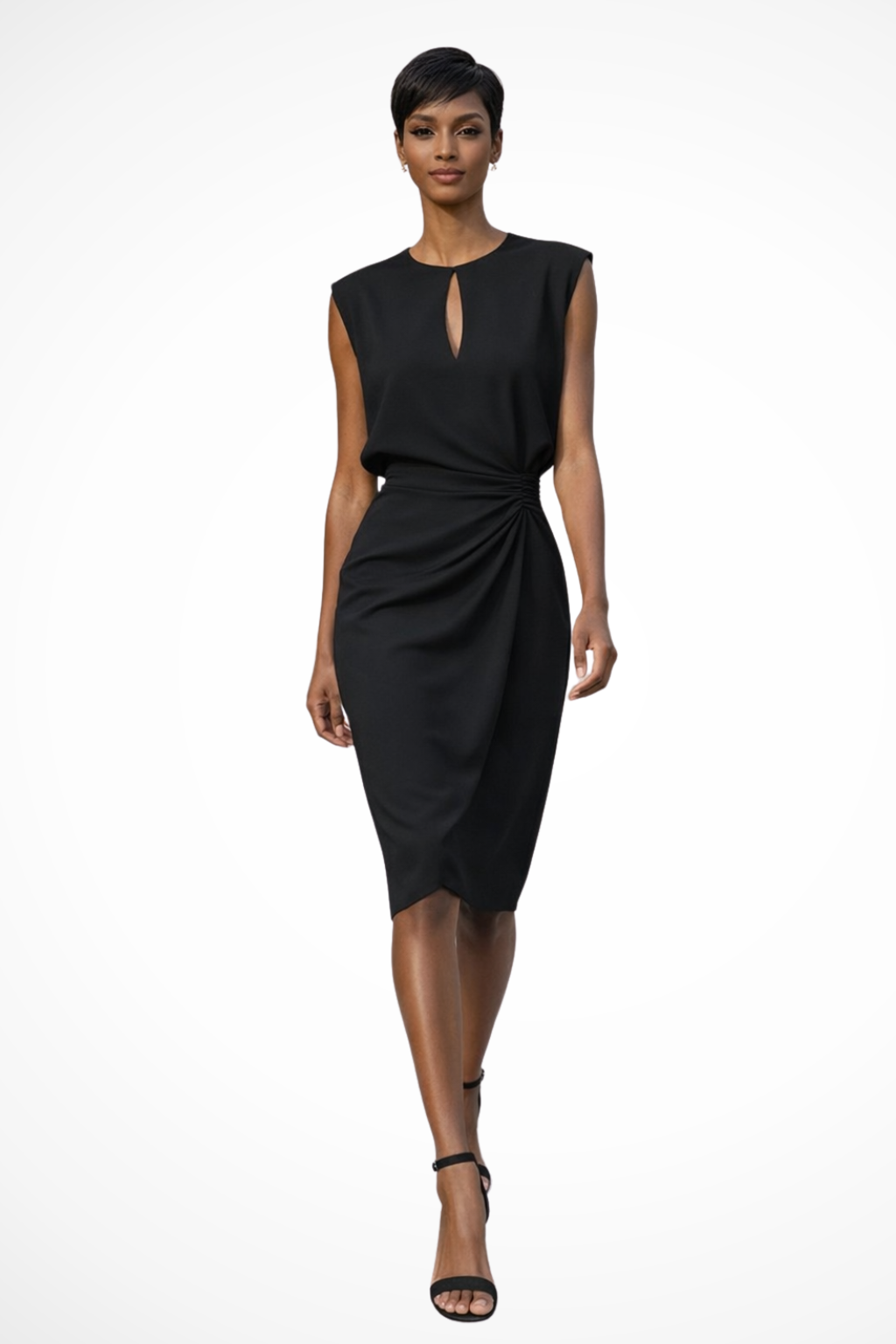 Women's Ruched Wrap Midi Dress – Elegant Cap Sleeve Style