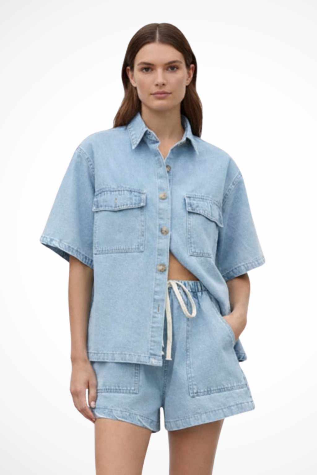 Women's Denim Shirt and Drawstring Shorts Set – Casual Summer Style