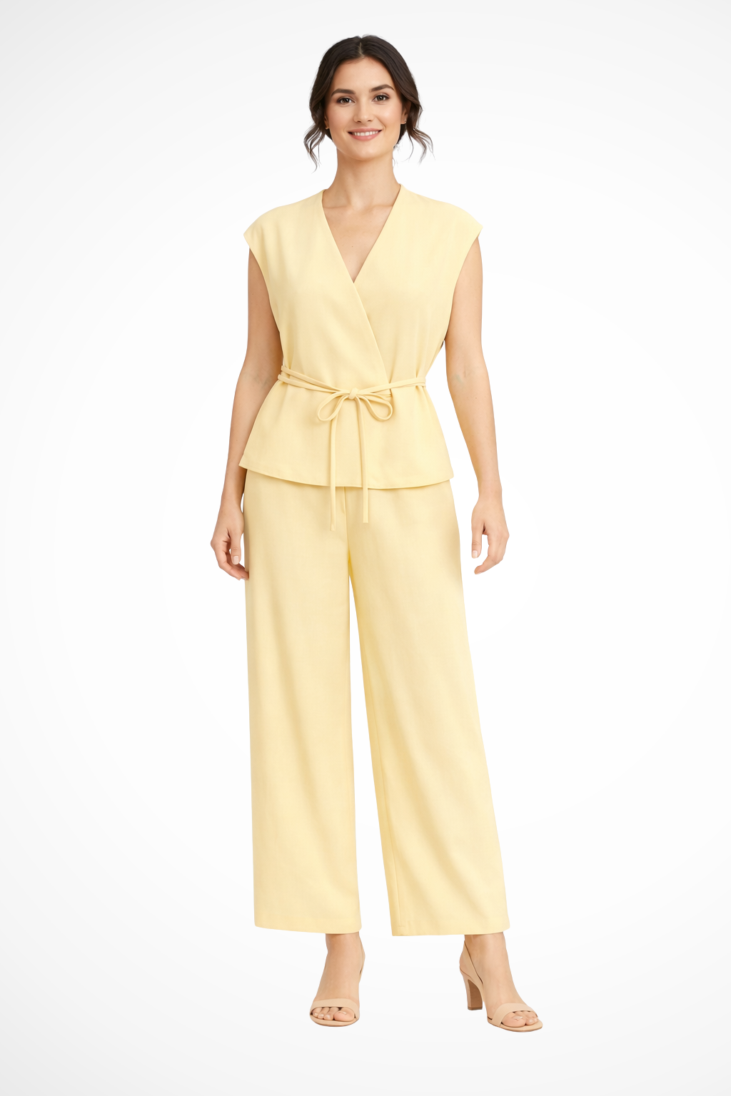 Women's Belted Wrap Top and Wide Leg Linen Trousers Set – Elegant Style