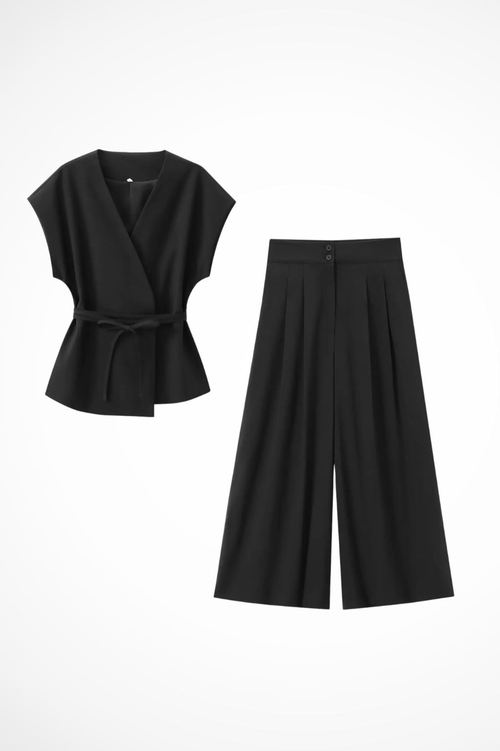 Women's Belted Wrap Top and Wide Leg Linen Trousers Set – Elegant Style
