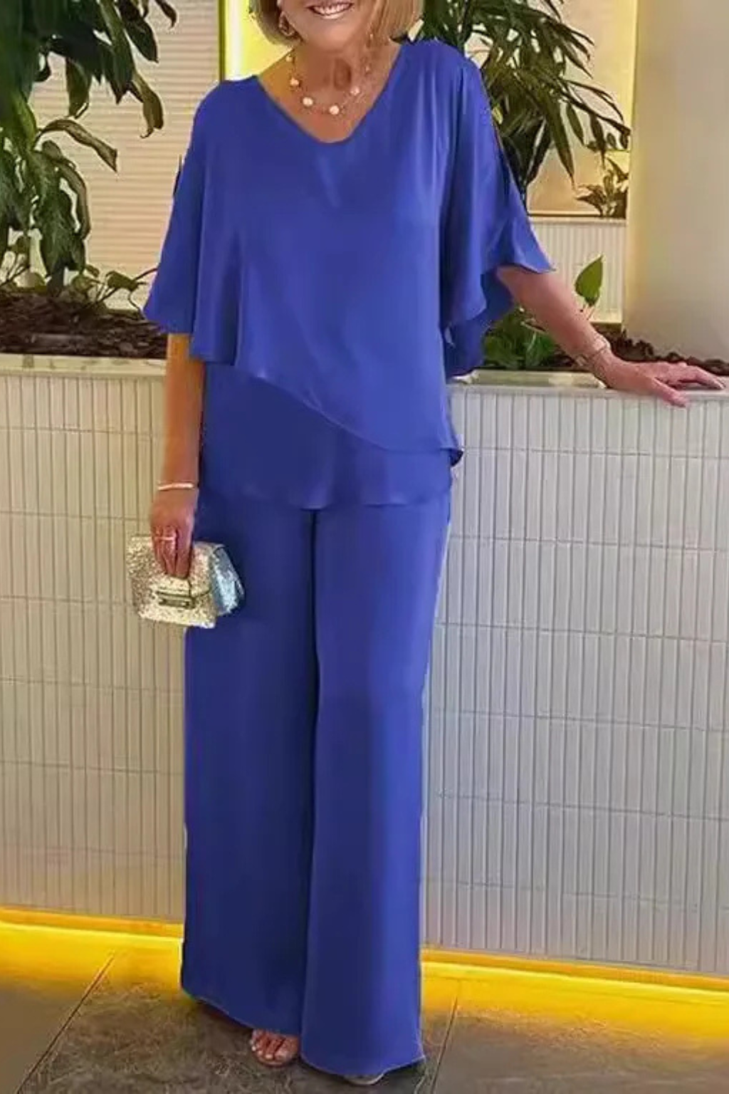 Women's Batwing Sleeve Two-Piece Set – V-Neck Wide Leg Style