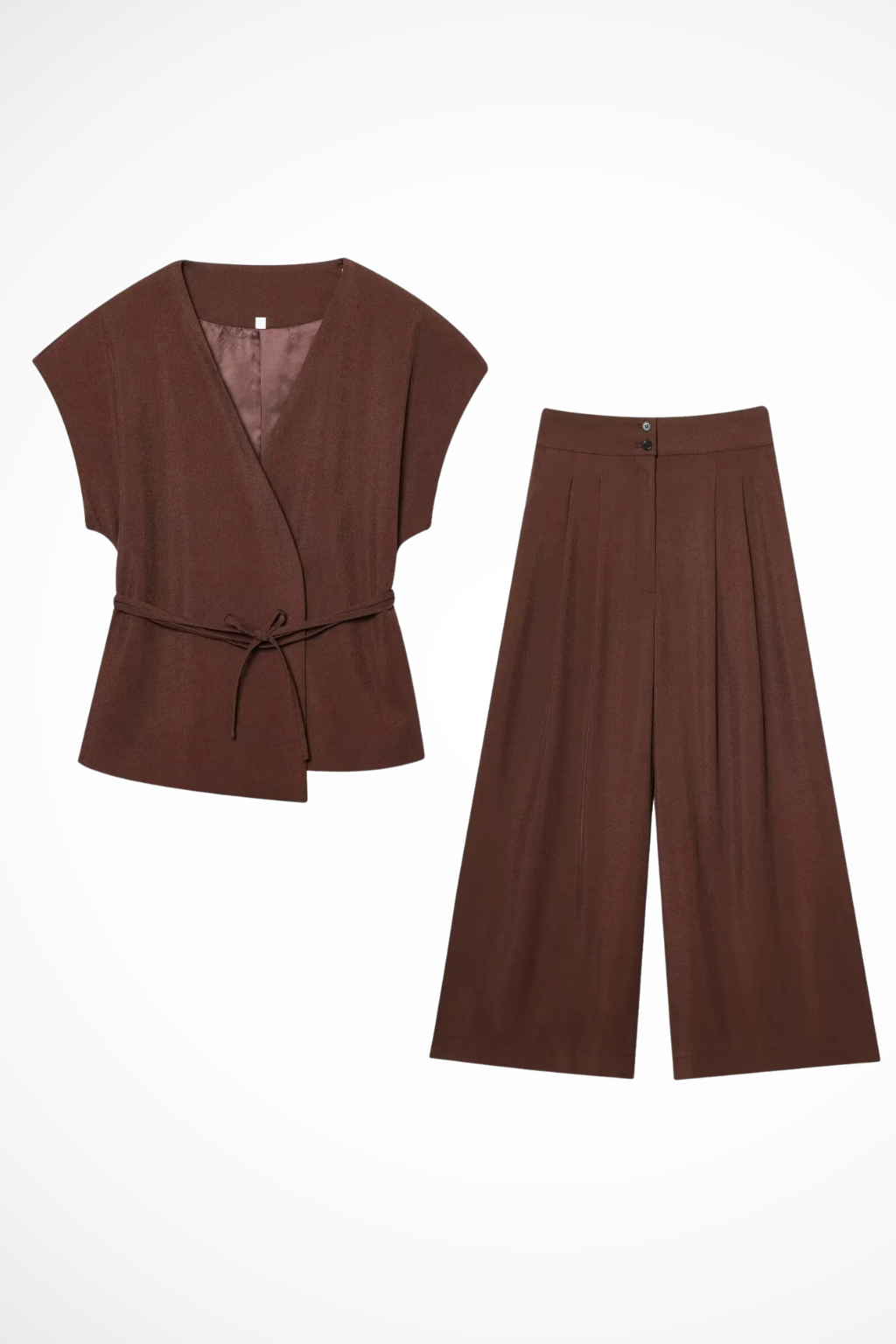 Women's Belted Wrap Top and Wide Leg Linen Trousers Set – Elegant Style