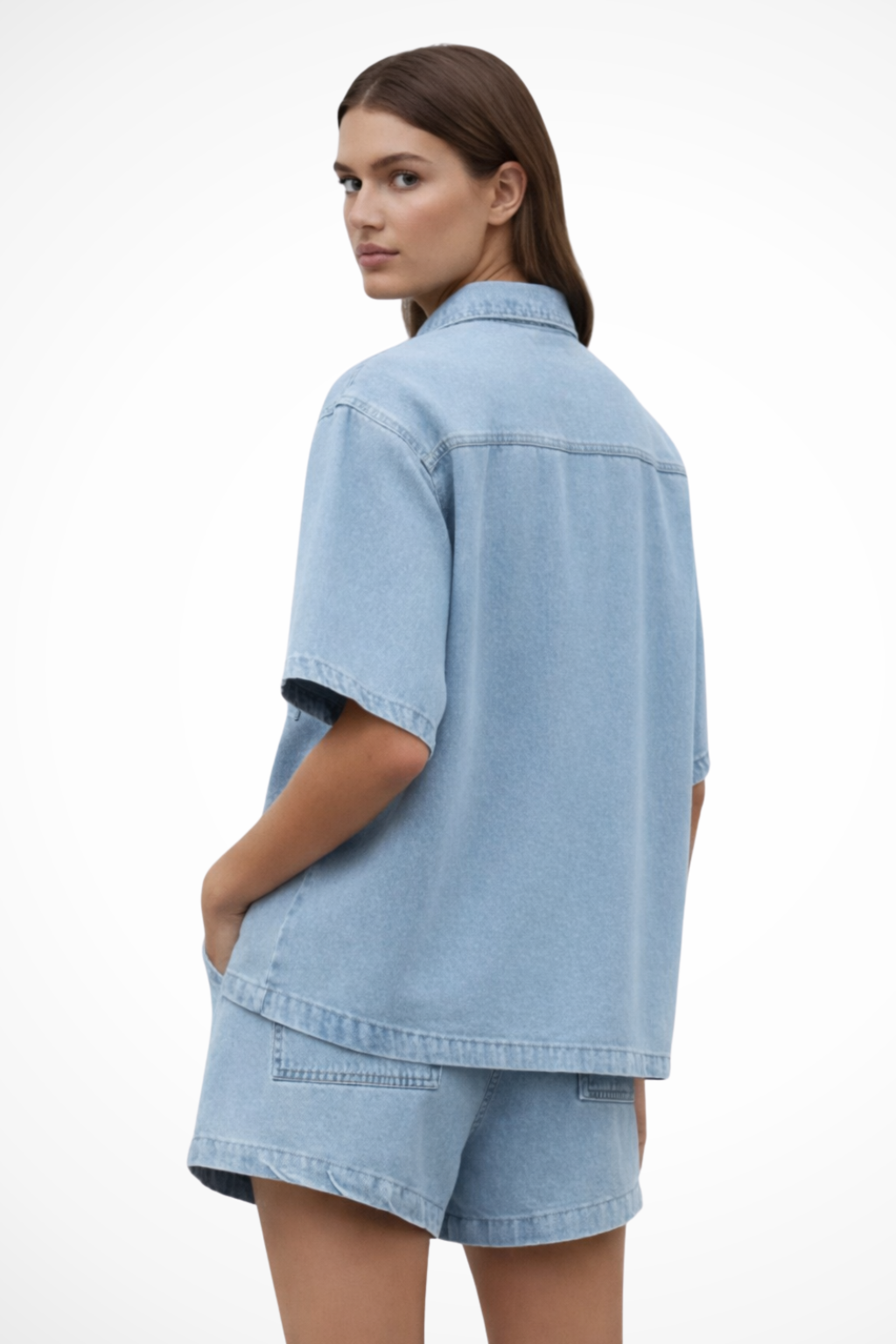 Women's Denim Shirt and Drawstring Shorts Set – Casual Summer Style