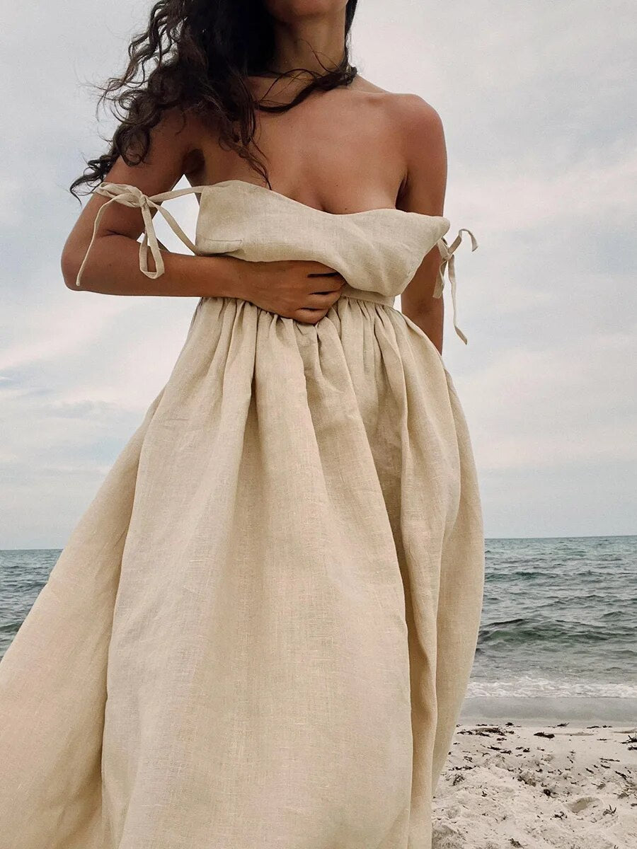 Women's Linen Maxi Dress – Sleeveless Open Back Flared Summer
