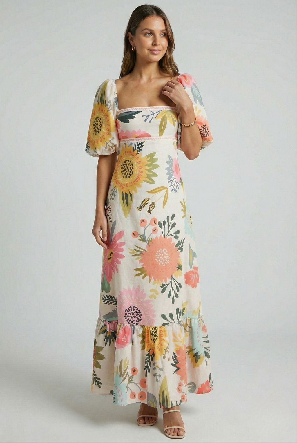 Women's Blooming Elegance Puff Sleeve Maxi Dress