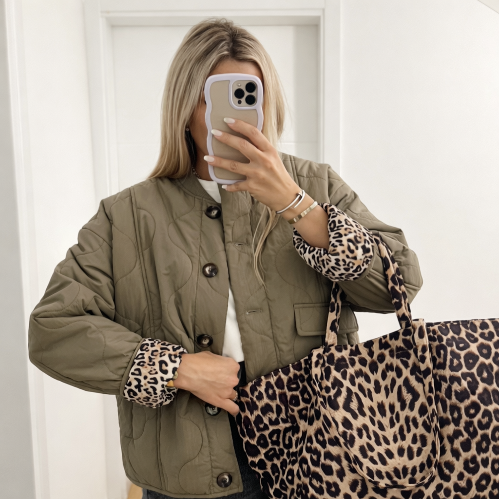 Women's Leopard Print Midseason Jacket – Quilted Chic Statement Style